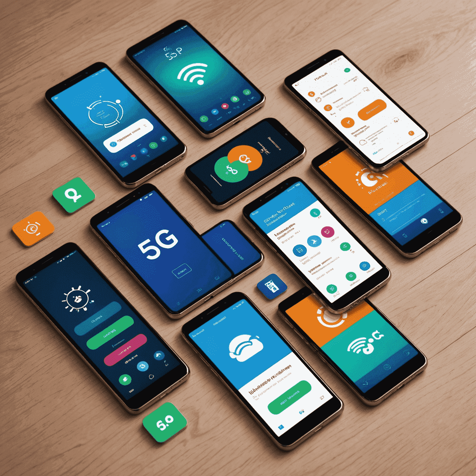 Various mobile phones displaying different plan options, with 5G and internet package icons