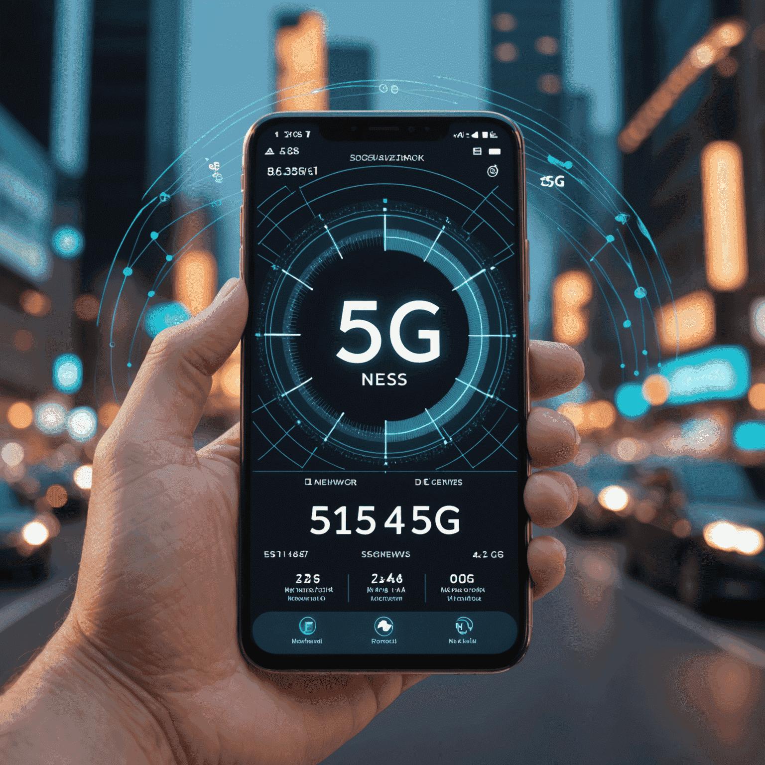 A smartphone displaying 5G network speed test results, with futuristic network visualization in the background