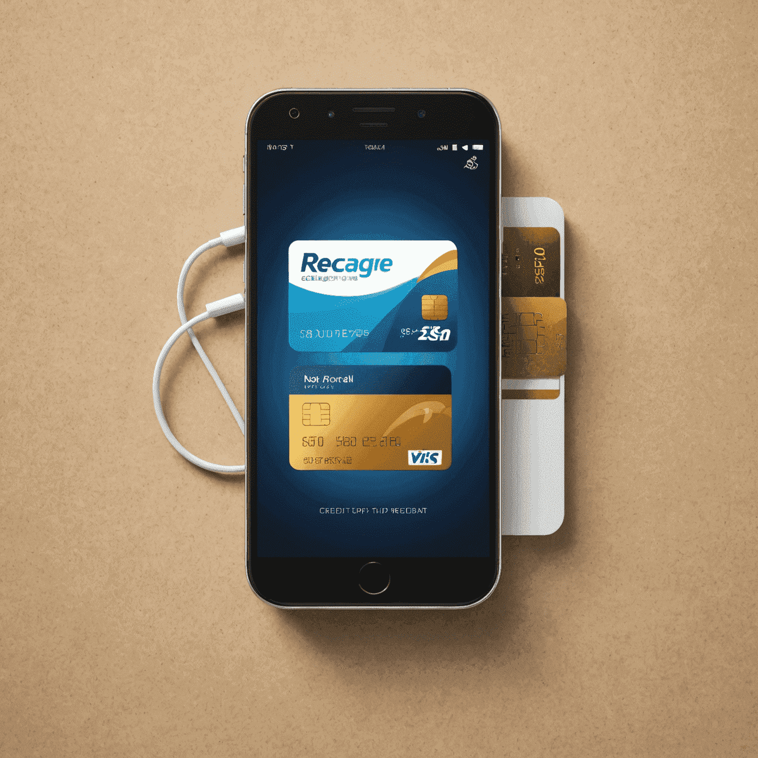 Smartphone with a recharge icon and credit card, symbolizing fast mobile credit top-up