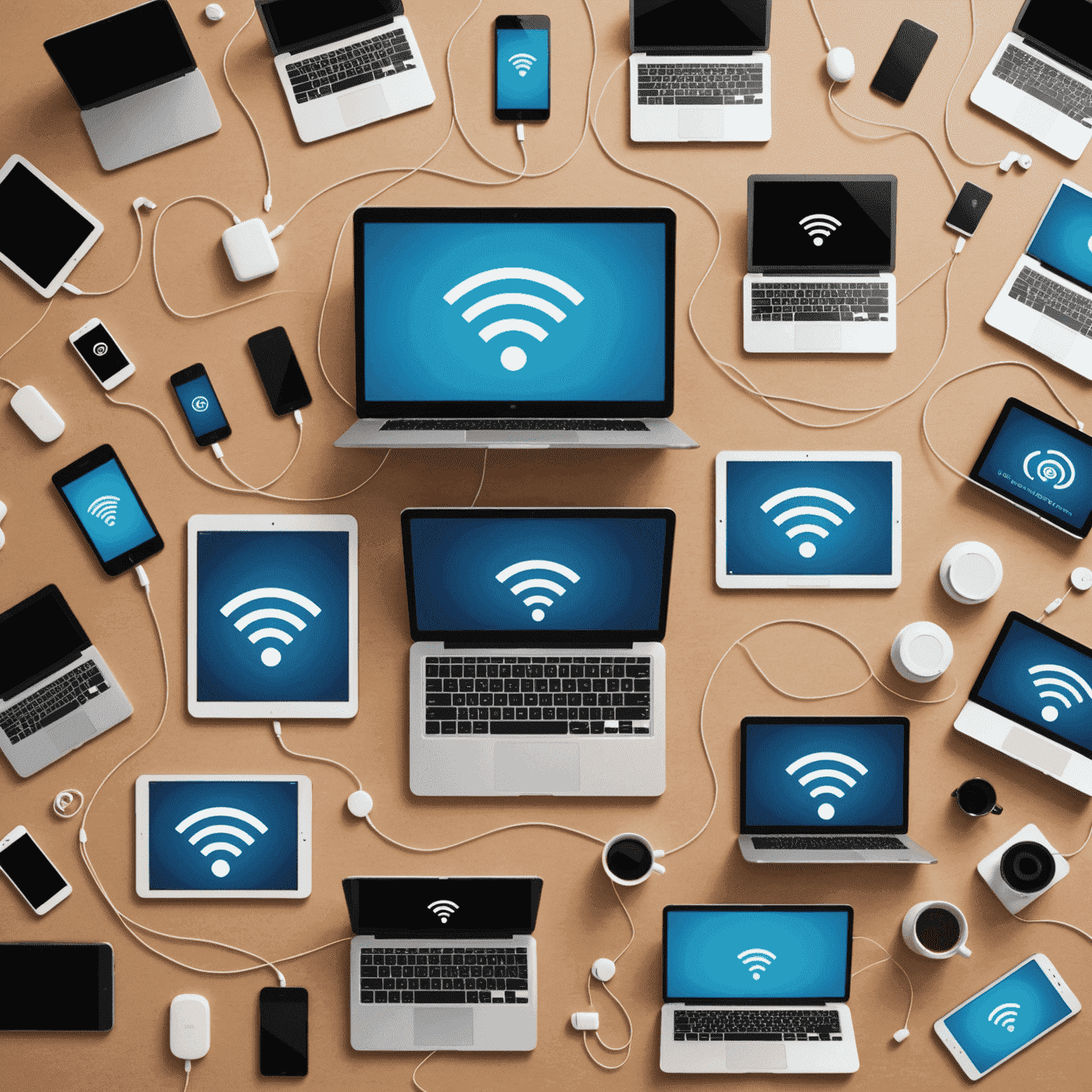 A collage of devices connected to the internet, including laptops, tablets, and smartphones, with Wi-Fi symbols floating around