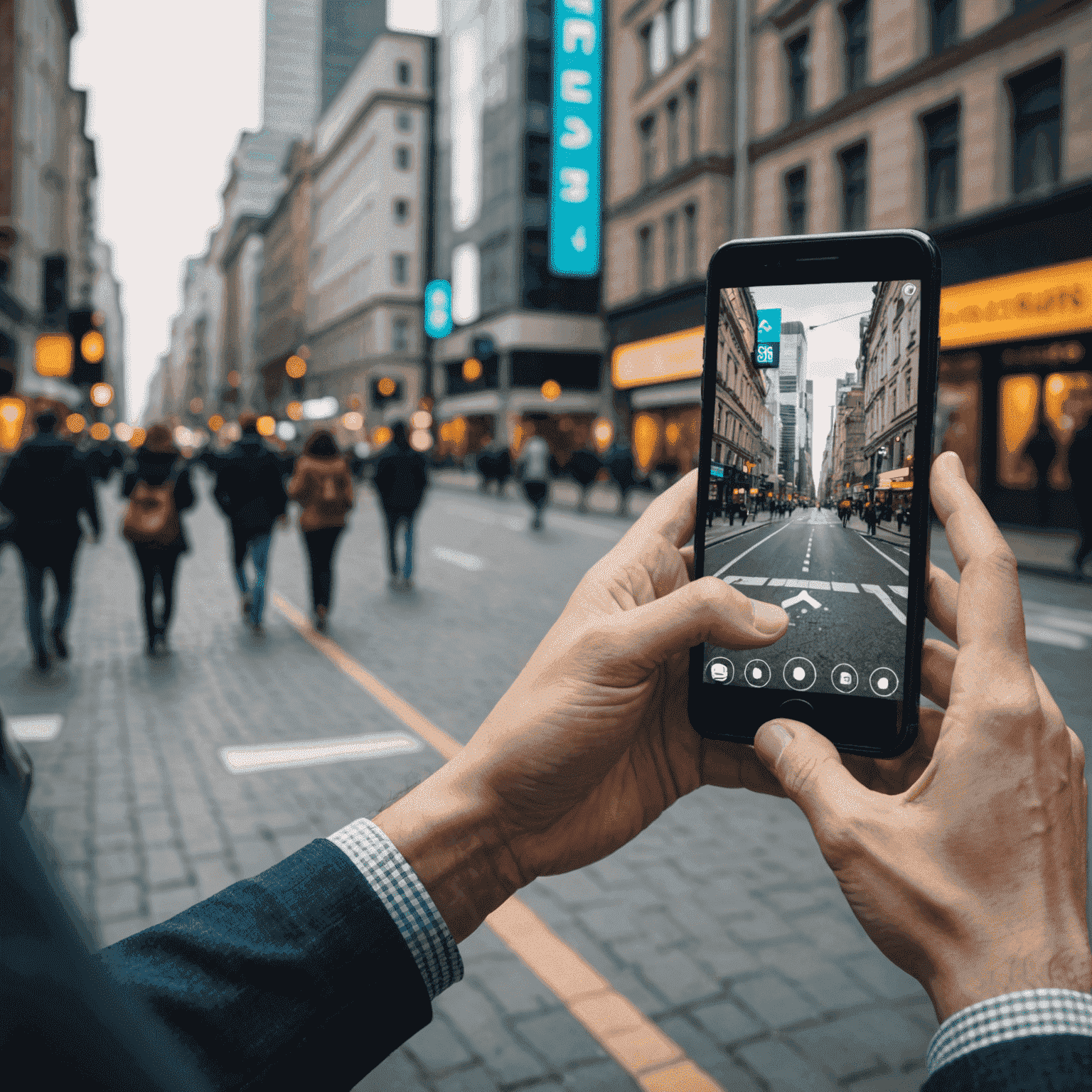 Person using augmented reality application on smartphone in a city environment